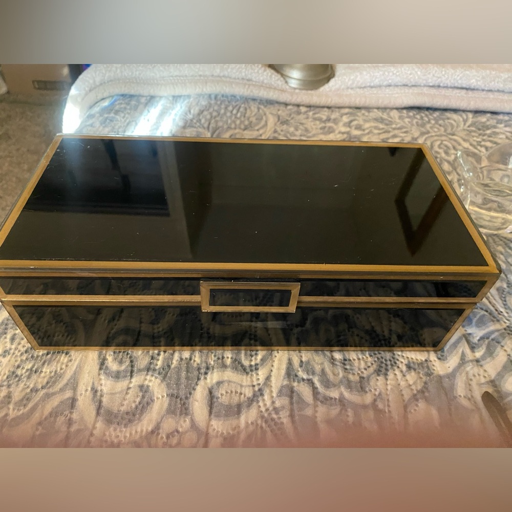 Black glass jewelry box / trinket box with gold trim